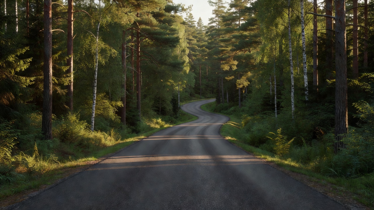 Valmiista ajotallenteesta otettu maisemakuva rauhallisesta metsätiestä ja vakaasta horisontista